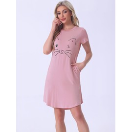 cheibear Womens Short Sleeve Pajamas Printed Sleepshirts Night Shirts Soft Sleepwear Cute Cat Nightgowns Pink S