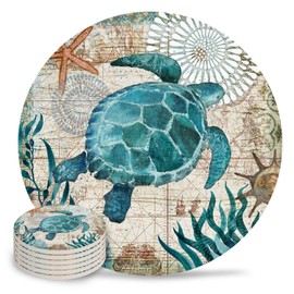 Vandarllin Drink Coasters Sea Turtle Ocean Animal Absorbent Stone Ceramic Coaster with Cork Back and NO Holder for Cups, Set of (6-Piece)