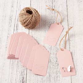 MegaPet 100pcs Pink Kraft Paper Gift Tags Printable Blank Hang Labels with 131 Feet Hanging String for Wedding Holiday Party Favors 3.54"x1.59" (9x4.05cm)