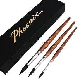 PHOENIX Professional Watercolor Paint Brush Set - 3PCS Natural Squirrel Hair Blend Mop Round Brush (Size 8,12,16) - Fine Point Medium Water Paint Brush for Gouache, Ink, Acrylic with Birch Wood Handle
