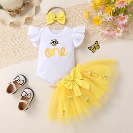 HAPPYMA Baby Girls One 1st Birthday Outfit Bee Sunflower Romper Tulle Tutu Skirt Sequin Bow Party Clothes Set（Embroidery Bee,12-18 Months）