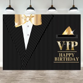 ASDCXZ 10x8ft Happy Birthday Backdrop VIP Photography Background Gentleman Black Tuxedo Suits White Shirts Gold Bow Tie Men Birthdays Party Banner Decorations Boys Kids Portrait Photo Booth Prop