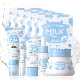 Milk Skincare Set -10PCS Milk Skincare Set for Teenagers Girls - Milk Beauty Gift Sets with Cleanser, Eye Cream, Sunscreen, Face Serum, Face Cream, Face Mask - Facial Kits for Women
