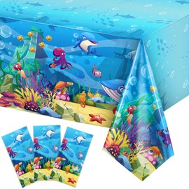 Tiamon 3 Pack Sea Party Tablecloth Ocean Animals Table Cover Underwater Creatures Ocean Sea Life Tablecloth for Kids Ocean Birthday Party Decoration, 54 x 108 Inch