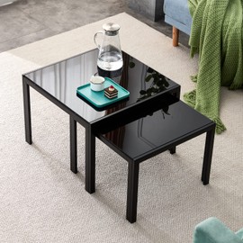 Glass Black Nesting Coffee Table Set of 2, Square Modern Stacking Table with Wood Finish, Industrial End Table Side Tables for Living Room Bedroom Balcony Yard