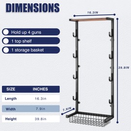 Poyilooo Gun Rack for Wall, Indoor Gun Rack Hold up 4 Guns with Storage Basket, Gun Racks Wall Mount Gun Display for Hunting Rifle Airsoft Gun Holder, Black