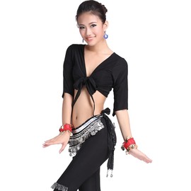 ZLTdream Women's Belly Dance Bandage Crystal Cotton Half Sleeve Top Black