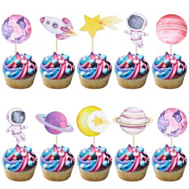 Ephlyn 36Pcs Space Astronaut Cupcake Toppers Space Girl Moon Star Rocket Planet Cupcake Toppers Earth Planet Cupcake Picks Space Theme Gender Reveal Birthday Shower Party Supplies Pink