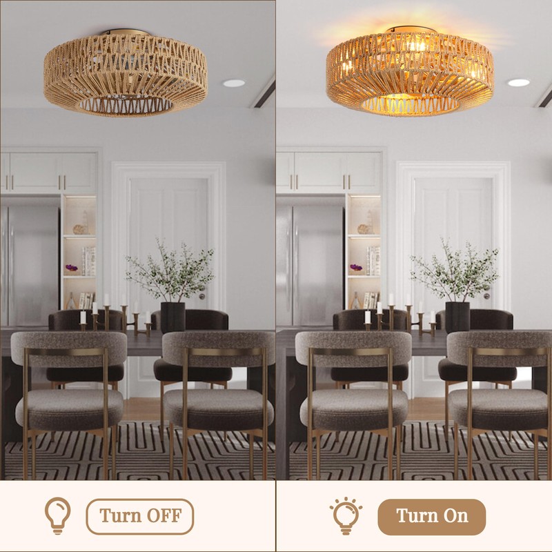 Bewishing 20'' Boho Gold-Colored Rattan Fandelier with Light & Remote