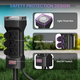 K KASONIC - 24 Hour Outdoor Stake Timer, 6 Outlets 6 ft Extension Cord Mechanical Power Timer for Outdoor Lights, Christmas Decorations, ETL Certified, Weatherproof Safety Cover (Black)