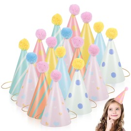 Cabilock 16pcs Birthday Party Cone Hats, 7 inch Pom Poms Party Favors Supplies, Decorations Paper Colorful Hat for Girls Boys Baby Shower Photo Props