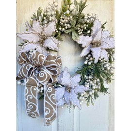 22"-24" Round Front Door Christmas Wreath with Cream Berries, Glittered Mistletoe, White Poinsettias with Gold Glitter Trim