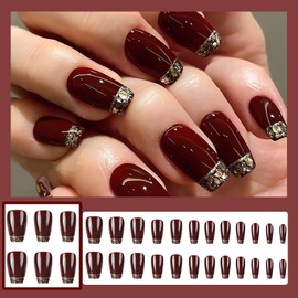French Tip Press on Nails Medium Length Coffin Shape Fake Nails Red Stick on Nails Sequin Glue on Nails Reusable Full Cover Artificial Acrylic False Nails Kit Press on Nails for Women Girls 24Pcs
