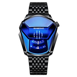 FANMIS Creative Fashion Blue LED Binary Digital Watches Men's Stainless Steel Silver Waterproof LED Backlight Bracelet Plated Watches, X Black Blue, Digital