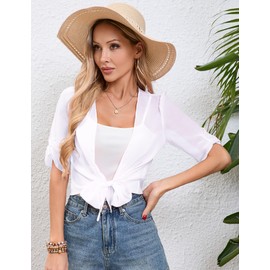 Hobrounn Bolero Chiffon Festive Women's Lightweight Jacket 3/4 Sleeves, Bolero for Dress, Elegant Bolero Jacket, Summer Short Cardigan, White, L