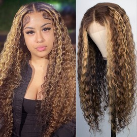 Benafee Deep Wave Lace Front Wigs Human Hair Curly Deep Middle Parting Wig 4/27 Chocolate Brown with Strawberry Blonde Highlights Real Human Hair Lace Wig Pre Plucked Hairline with Baby Hair 12 Inch