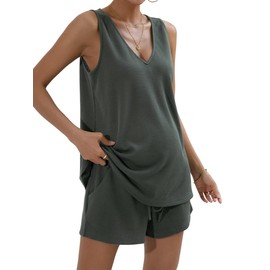GORGLITTER Women's Maternity Lounge Set V Neck Tank Top Drawstring Waisted Shorts 2 Piece Outfits Grey Large
