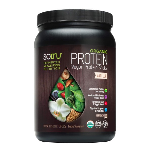 SOTRU Vegan Protein Shake, Vanilla - 18.5 oz. - Whole Food, Plant-Based Protein Powder with Green Superfoods, Enzymes & Probiotics - USDA Certified Organic, Non-GMO, Gluten-Free - 21 Servings