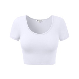 Cotton Scoop Neck Crop Tops Short Sleeve Basic Casual Shirts Tops White M