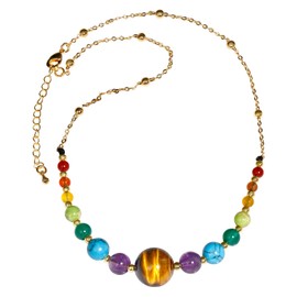 Jewboo 7 Chakra Beaded Stone with Tiger Eye Necklace for Women Plated 14k Gold Chain Healing Crystals and Gemstones Balance Meditation Anti-Anxiety Relax Jewelry Gifts