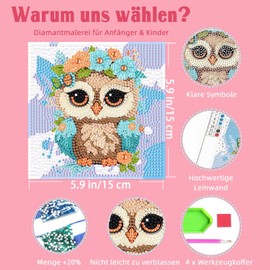 Set of 4 5D Diamond Painting Children Animals Set Full Diamond Painting Pictures Children Animals, DIY Mosaic Making Crafts Girls Boys 6 7 8 9 10 11 12 Years, Gift Children from 6 Years 15 x 15 cm