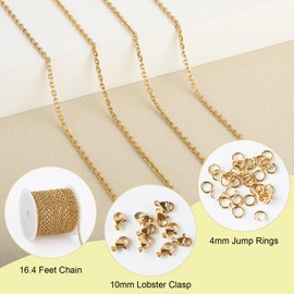 SMYHTGLIF - Rollo de cadena de acero inoxidable de 5 metros, cadena dorada para hacer joyas, cadena de manualidades con cierres de langosta y anillos abiertos para hacer joyas