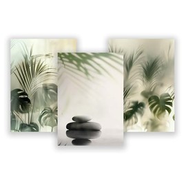 WBdesignz 3er Poster-Set – Tropisches Spa Design mit Palmenblättern & Zen-Steinen – Beruhigende Natur Wanddeko für Badezimmer, Spa, Gäste-WC oder Yoga-Raum (DIN A4) – ohne Rahmen