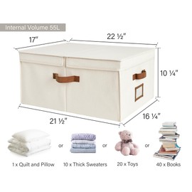 StorageWorks Extra Large Clothes Storage Bins, 55L Fabric Storage Baskets with Double-Open Lid and Divider Board, Storage Bins for Clothes, Linen Closet Organizers with Handles, Ivory White, 2-Pack