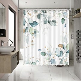 APROPHIC Shower Curtain, Eucalyptus Leaves, Green, Waterproof, Quick Drying, Washable Shower Curtain, Bathtub Fabric, Bathroom Curtain with 12 Hooks, 180 x 180 cm
