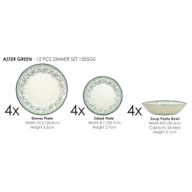 TUDOR ROYAL 12-Piece Round Porcelain Dinnerware Set, Service for 4 - Aster GREEN Design, Multicolor Floral, Plates Bowls Mugs Dishes, Premium Quality Tableware, Unique Pattern, Glossy