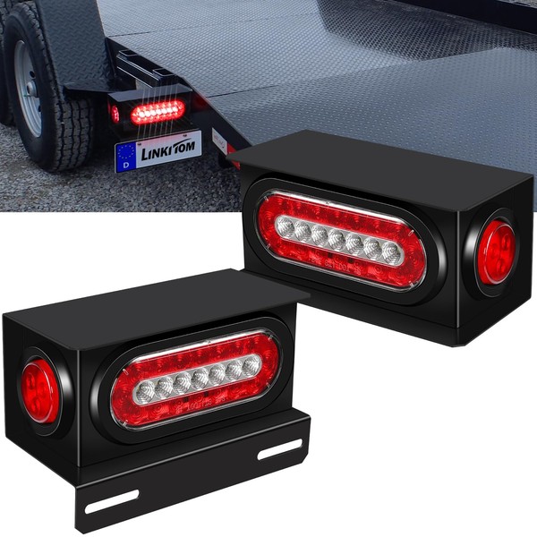 LINKITOM 2 PCS Trailer Lights Welded Mount Steel Boxes Kit w/License Plate Bracket 6 inch Red/White LED Oval Tail Lights & 2 inch LED Red Round Side Lights w/Grommet Plugs
