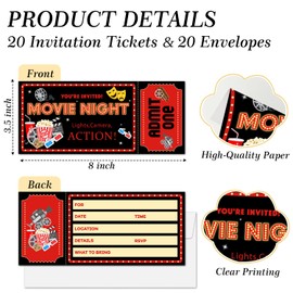 Movie Birthday Party Ticket Invitations For Kids Girls Boys, Night Theater Birthday Invites For Teens, 20 Invitation Cards With Envelopes, Any Age Party Favors Decorations -009