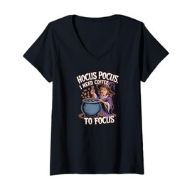 Womens Hocus Pocus I Need Coffee to Focus Funny Witch Caffeine Tee V-Neck T-Shirt
