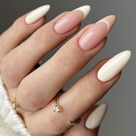 GLAMERMAID Creamy White Press on Nails Medium Almond, Nude Pink Beige Crush Jelly Gel False Nals, French Tip Stiletto Glue on Nails Kit for Women, Short Oval Stick on Acrylic Fake Nails Manicure Set