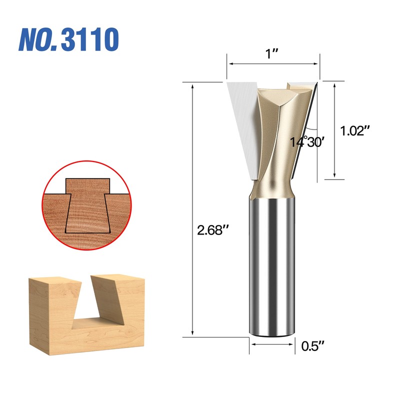 HUHAO Dovetail Router Bit 1/2" Shank 1" Dia Carbide Half-Blind