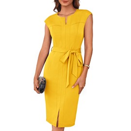 Midi Work Dresses for Women 2025 Cap Sleeve Bodycon Office Sheath Crewneck Pencil Skirt Business Casual Outfits Yellow M