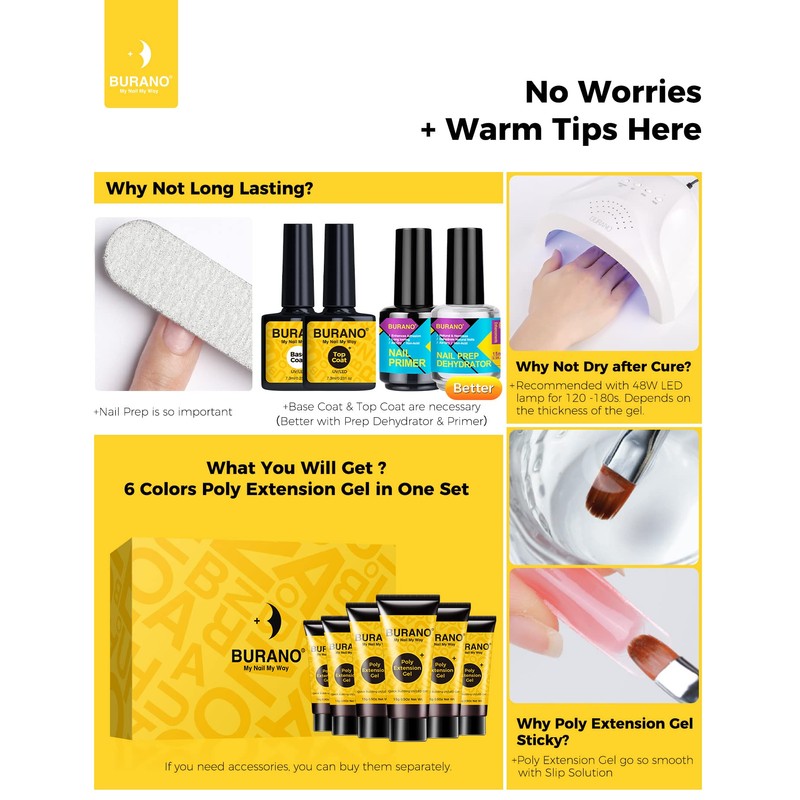BURANO Poly Extension Gel Nail Kit, 6 Colours Nail Poly