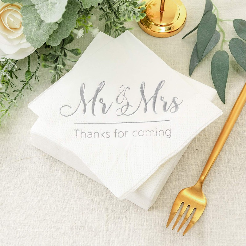 Crisky Servilletas de boda Mr Mrs Silver Cocktail Bebida Postre