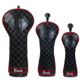 Golf Wood Covers Set of 3 (1FH) Driver Fairway Utility Club Head Covers Black Faux Leather Birdie Embroidered