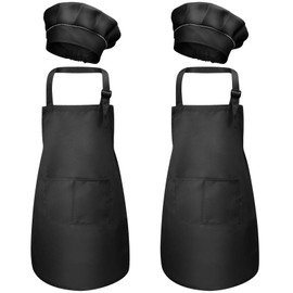 Set of 4 Black Children's Apron and Chef's Hat Set, Children's Kitchen Garden Aprons with Pockets for Boys Girls, Toddler Cooking Apron, Kitchen Apron for Cooking, Baking, Painting, Crafts (M for 3-6