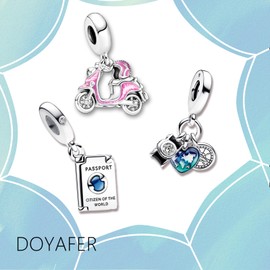 Doyafer 925 Sterling Silver Travel Series Charm Set Passport Camera Motorcycle Pendant suitable for women's bracelets Birthday gift 3-Piece/Package