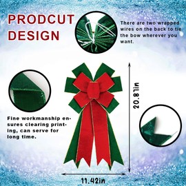 Large Christmas Bows for Wreath, Red Green Velvet Wreath Bows Christmas Green Bows for Front Door, Winter New Year Solid Color Burlap Ornament Tree Topper Bows for Christmas Indoor Outdoor Decor