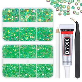 qiipii Transparent Fresh Green AB Resin Rhinestones w B7000 Glue for Bedazzling Crafting Clear Peridot Flatback Stones 3mm-6mm Light Green Diamonds Crystals Gems for Face Makeup Tumblers Crafts