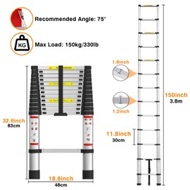12.5FT Aluminum Telescoping Ladder, Lightweight Compact Folding Ladder with Safety Lock, 330 lbs Max Capacity, Non-Slip Feet 3.8m Extension Ladder, Easy to Store Suitable for Home, Outdoor, Attic, DIY
