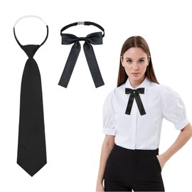 Kinretixia Pack of 2 Ties Women's Adjustable Tie for Girls Long Tie JK Uniform Tie Silk Look Shiny Pre-Tied Elastic Band (Black), black
