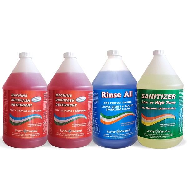 Quality Chemical Commercial Industrial Dishwashing Kit/4 Gallon Combo Pack - Dishwash (2 Pack), Rinse All (1 Pack), Low/Temp Sanitizer (1 Pack)/Food Grade Sanitizer for Restaurant Dishwasher Sanitizer