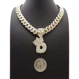 NYFASHION101 Stone Stud Crowned Bubble Initial Pendant with 12mm Miami Cuban Chain Necklace, Gold-Tone, D, 20"