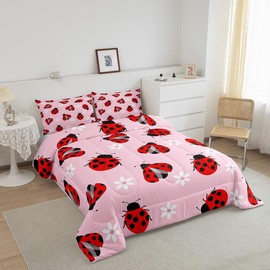 Feelyou Ladybug Comforter Set Ladybug Gifts for Girls Boys Cute Bug Comforter Twin Size Garden Farmhouse Animal Bedding Set Pink Duvet Set Quilt Set 2Pcs