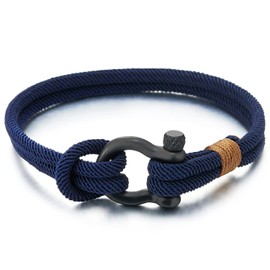 COOLSTEELANDBEYOND Mens Womens Steel Screw Anchor Shackles Nautical Sailor Navy Blue Rope Wrap Bracelet Wristband