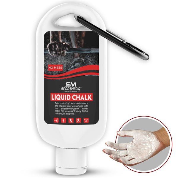 SPORTMEDIQ Pro Grade Liquid Chalk – 1 Pack - Mess Free Professional Hand Grip for Gym, Weightlifting, Rock Climbing, Gymnastics, Rock Climbing - Dries in Seconds - 1.69oz Travel Size with Belt Clip